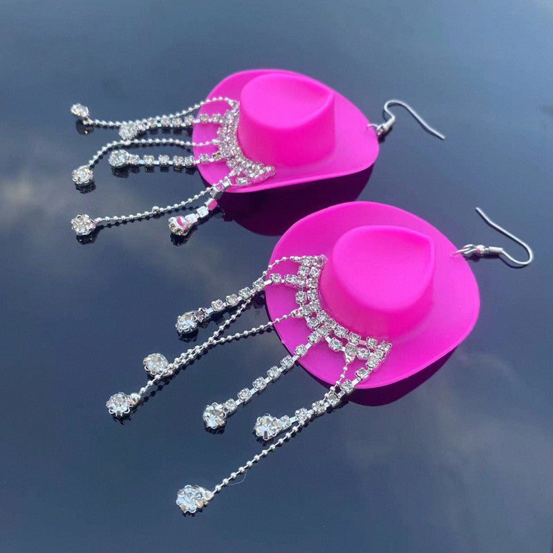 Wholesale Western Style Cowboy Hat Shiny Tassel Earrings